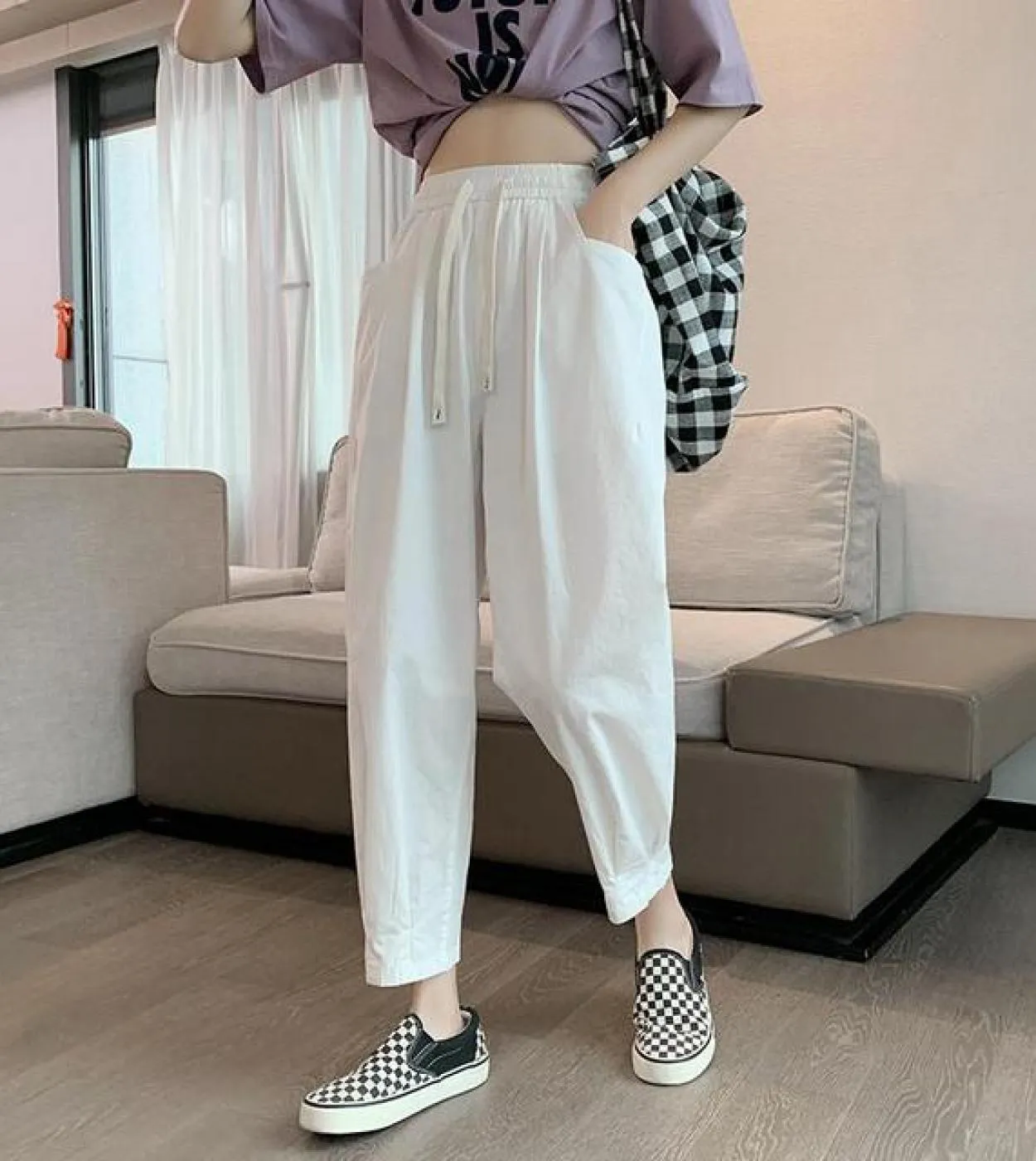 2022 estate primavera moda donna elastico in vita pantaloni larghi alla caviglia tutti abbinati pantaloni Harem casual in cotone