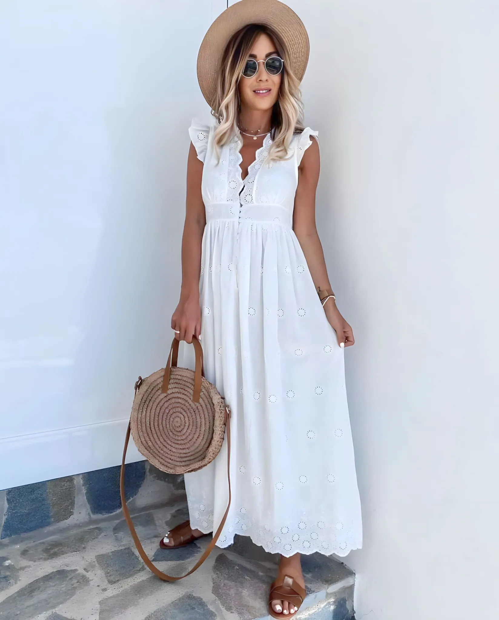Abito Donna Lungo Scollo V Volant Sangallo Casual Easy Comodo