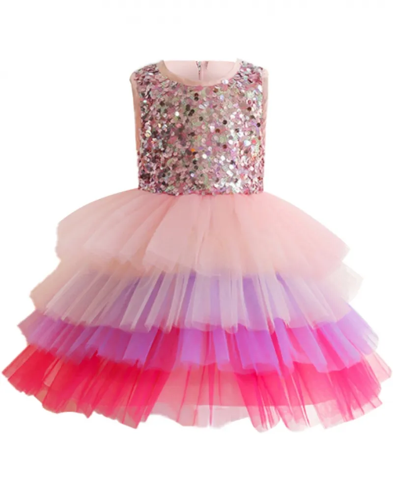 Abito per ragazze Abito senza maniche con paillettes Abito per ragazze Abito con torta Puffy Princ