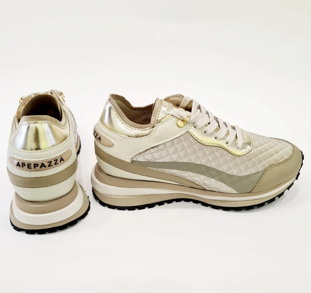 Apepazza sneakers fondo gomma + suola interna alta 2 cm. (6 cm totale) pelle vanilla oro  rif.624
