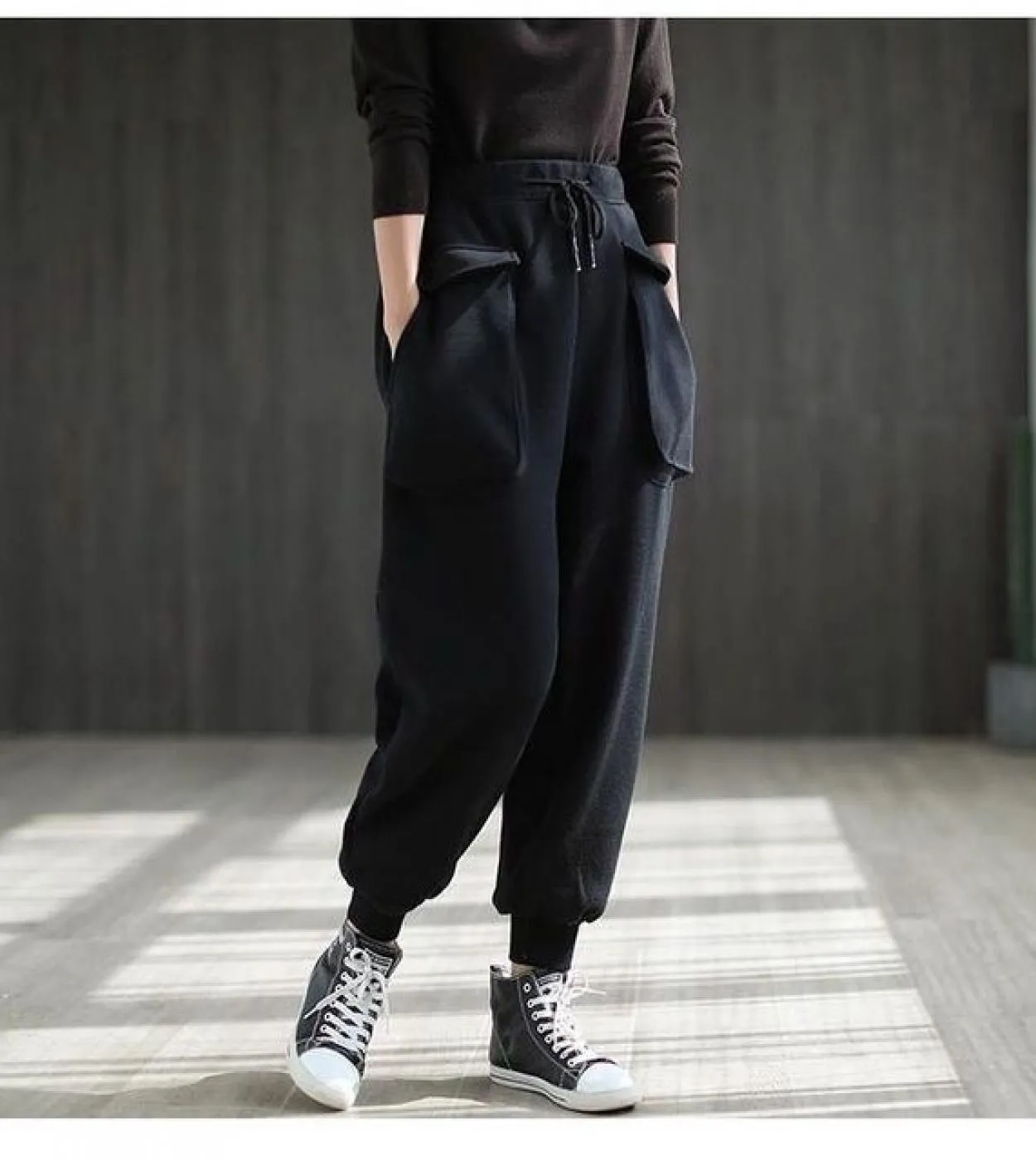 Autunno Inverno Stile Arti Donna Vita elastica Pantaloni larghi alla caviglia Tasca grande Addensare Pantaloni Harem casual cald
