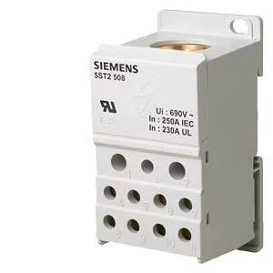 Blocco Distributore a 1 polo, 250A, 690V ingresso: 1x 35-120mm2 uscita: 2x2,5-25+5x 2,5-16+4x 2,5-10mm2 per montaggio su guida D