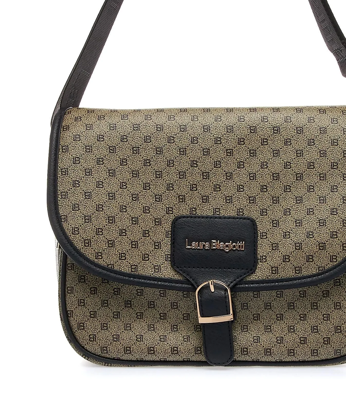 Borsa a tracolla con patta e stampa multilogo