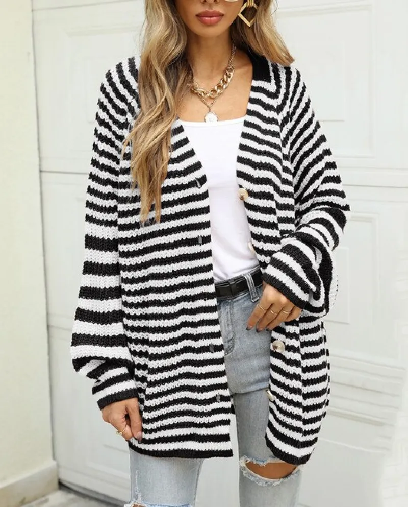 Cardigan lavorato a maglia a coste a righe a blocchi di colore alla moda, maglione da donna, scollo a V, manica lunga, maglione,