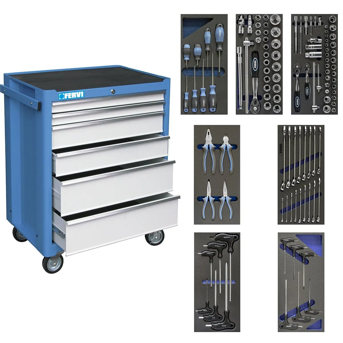 Carrello portautensili 6 cassetti Fervi C900/CC01 completo di 113 pezzi con OMAGGIO