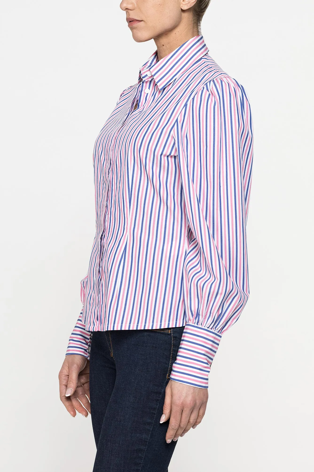 Carrera  ---------    ------------Camicia regular fit con maniche a sbuffo - righerosa e blu su base bianca