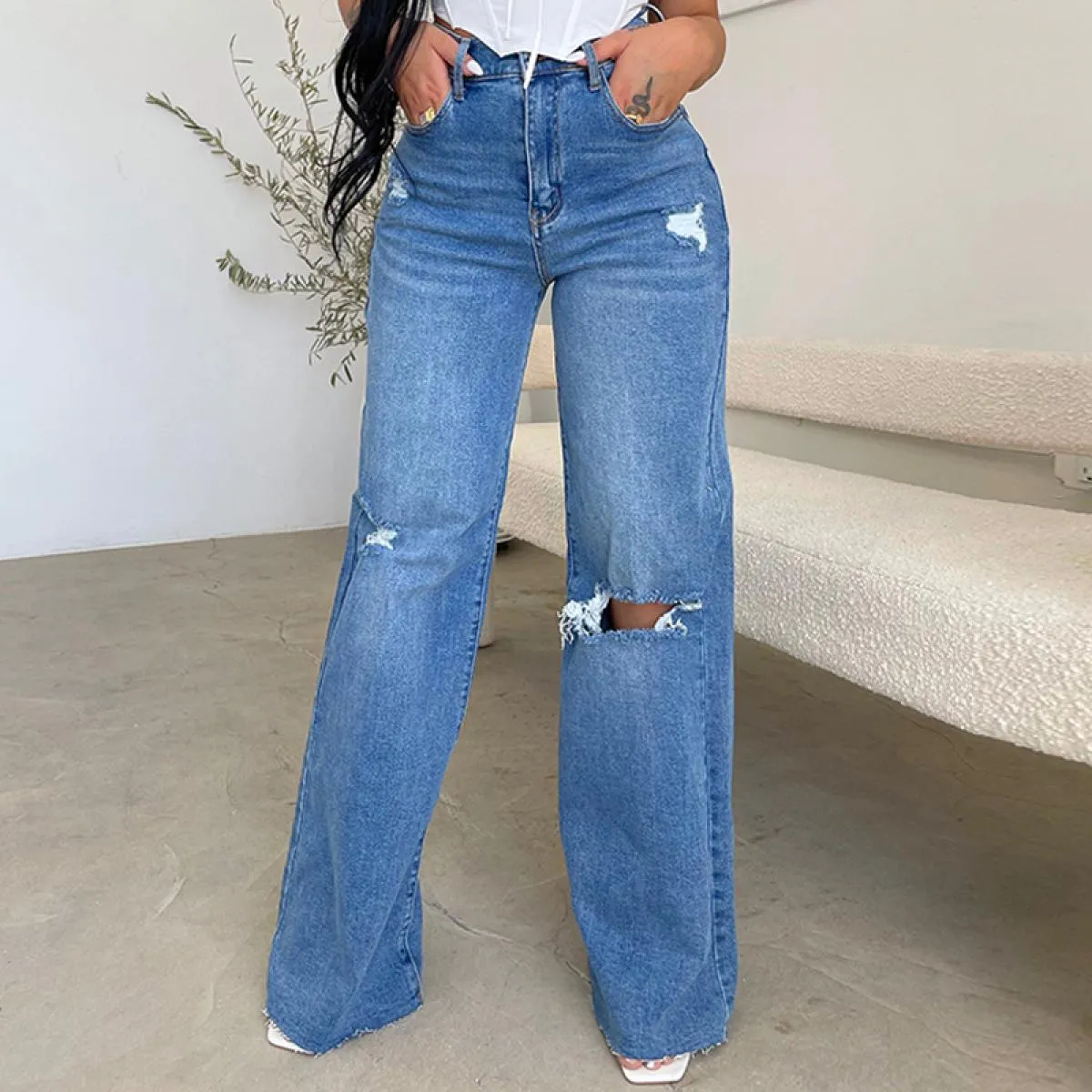 Jeans da donna pantaloni larghi casual a vita alta pantaloni larghi alla moda da strada strappati pantaloni in denim mamma tagli