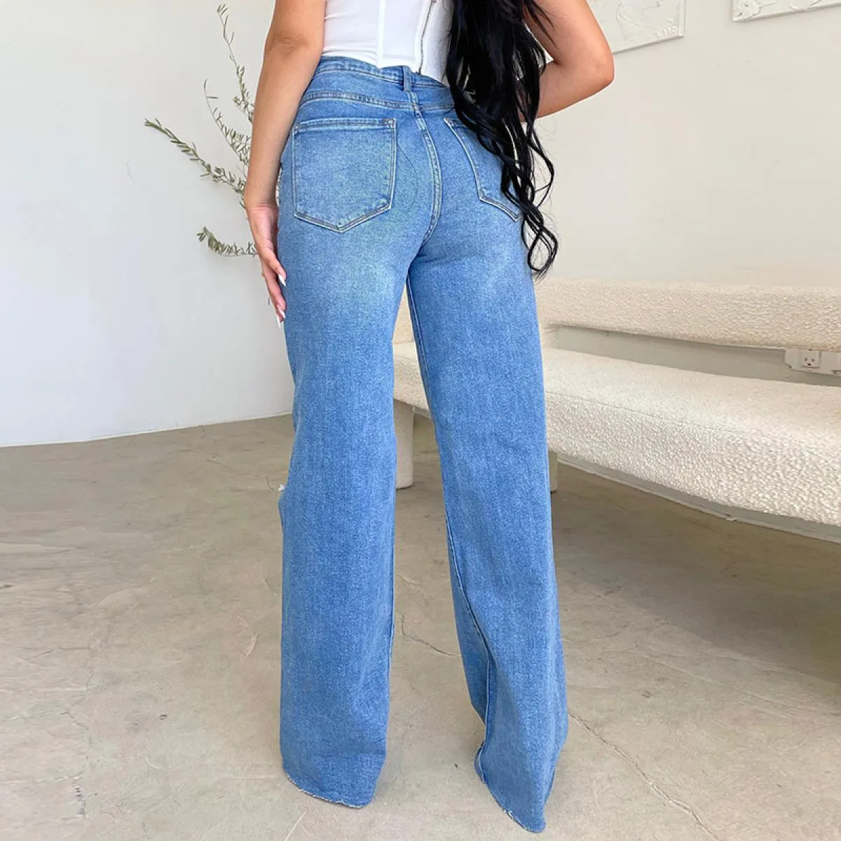 Jeans da donna pantaloni larghi casual a vita alta pantaloni larghi alla moda da strada strappati pantaloni in denim mamma tagli