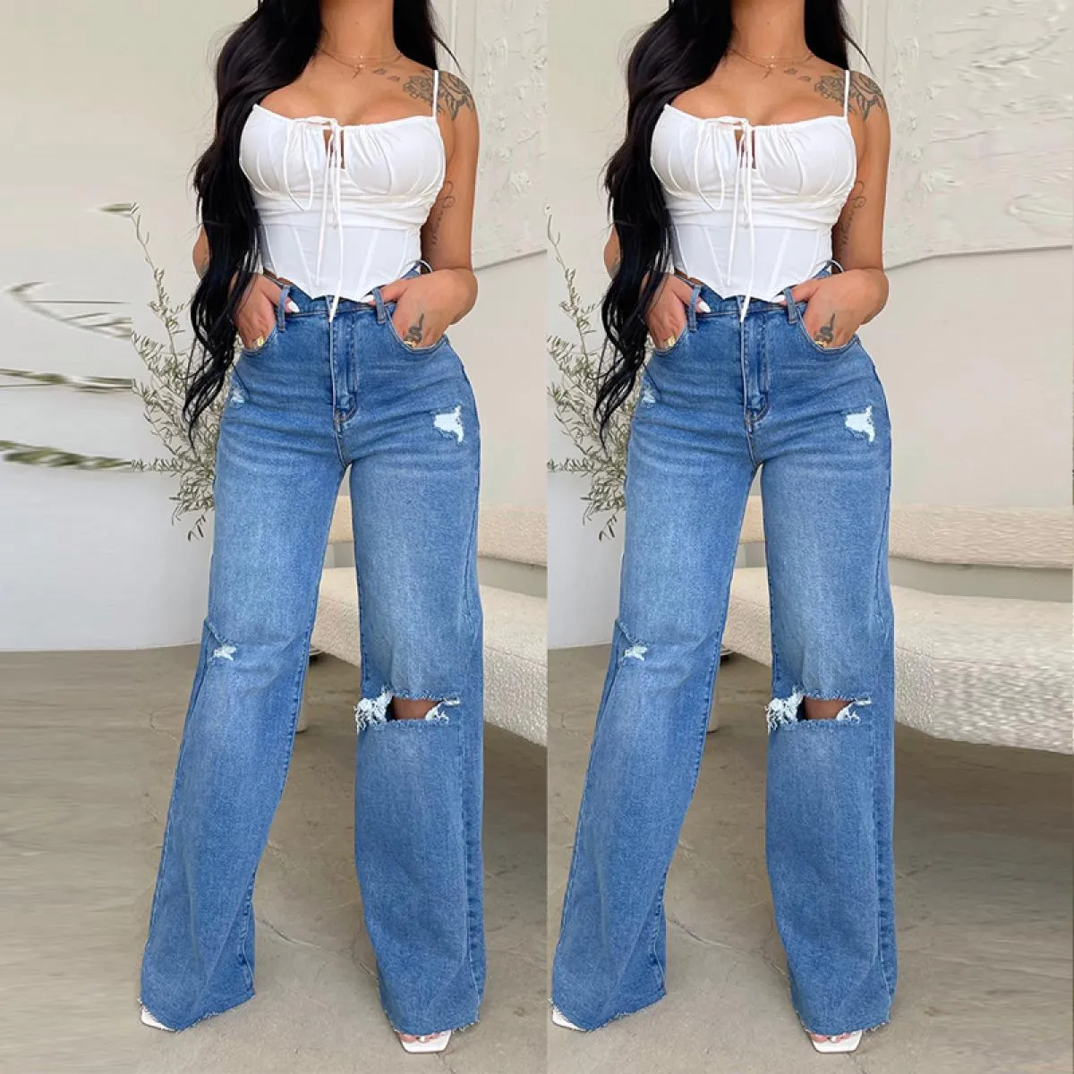 Jeans da donna pantaloni larghi casual a vita alta pantaloni larghi alla moda da strada strappati pantaloni in denim mamma tagli
