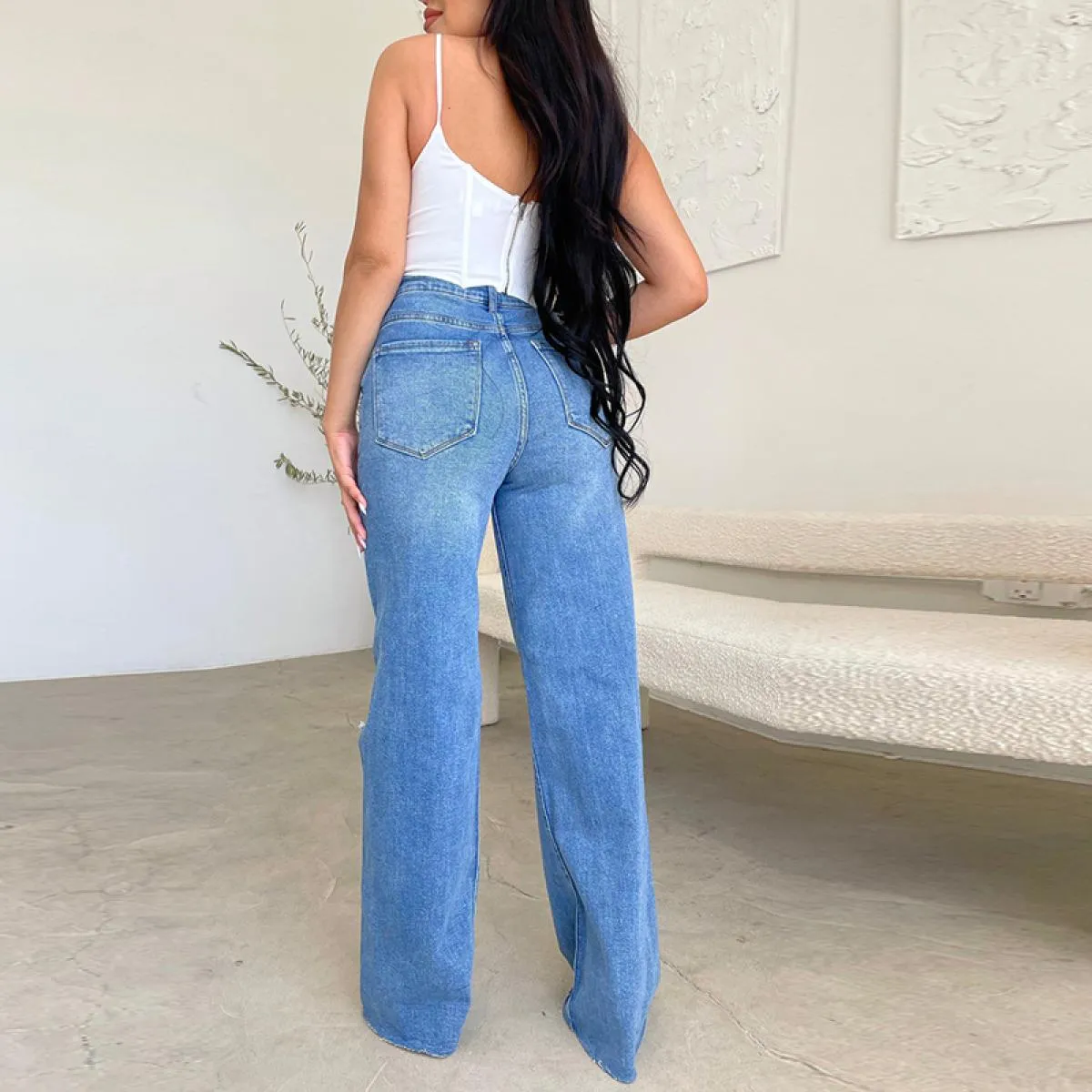 Jeans da donna pantaloni larghi casual a vita alta pantaloni larghi alla moda da strada strappati pantaloni in denim mamma tagli