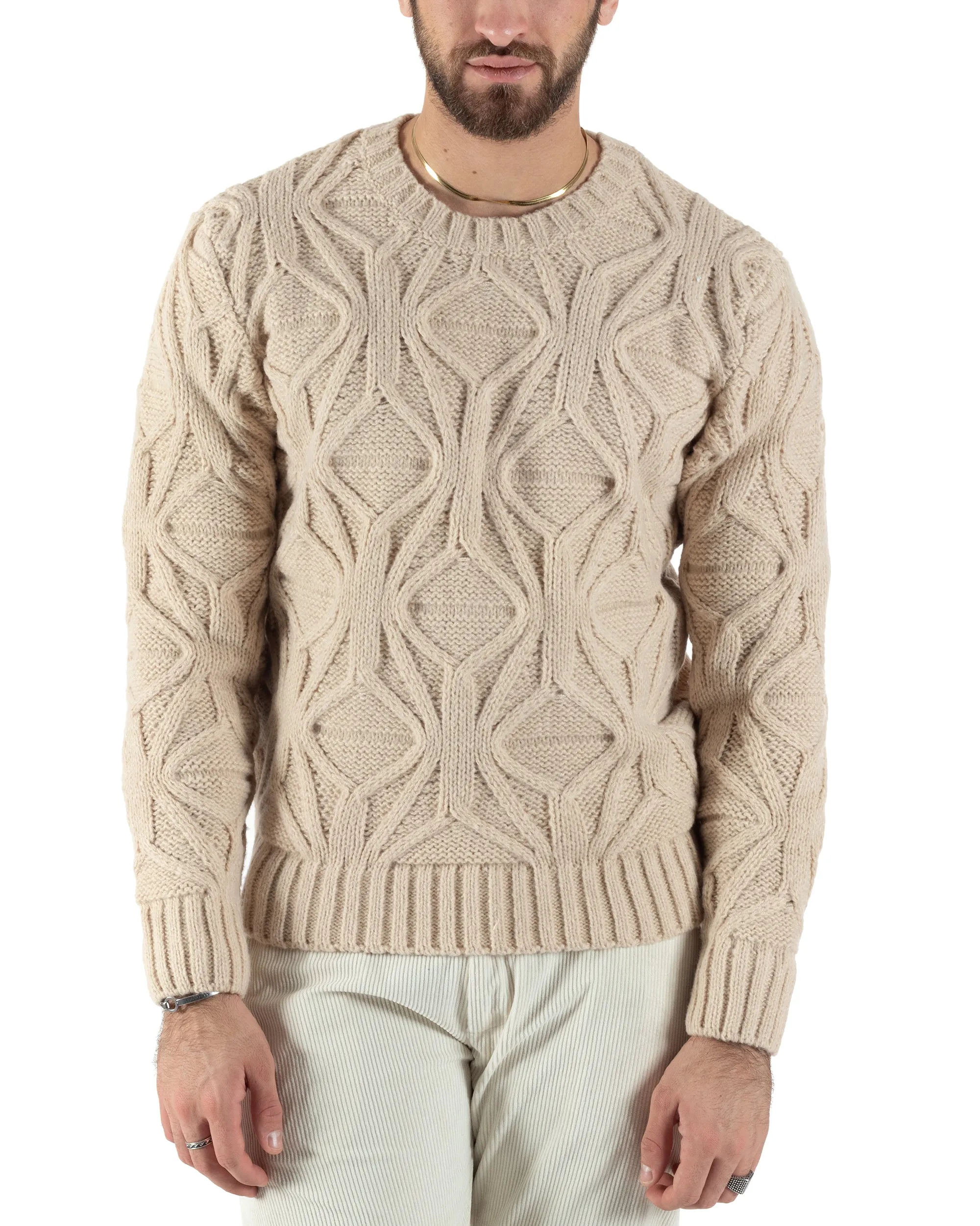 Maglioncino Uomo Girocollo Maglia Inglese Maglione Trecce Rombi Beige GIOSAL-M2788A