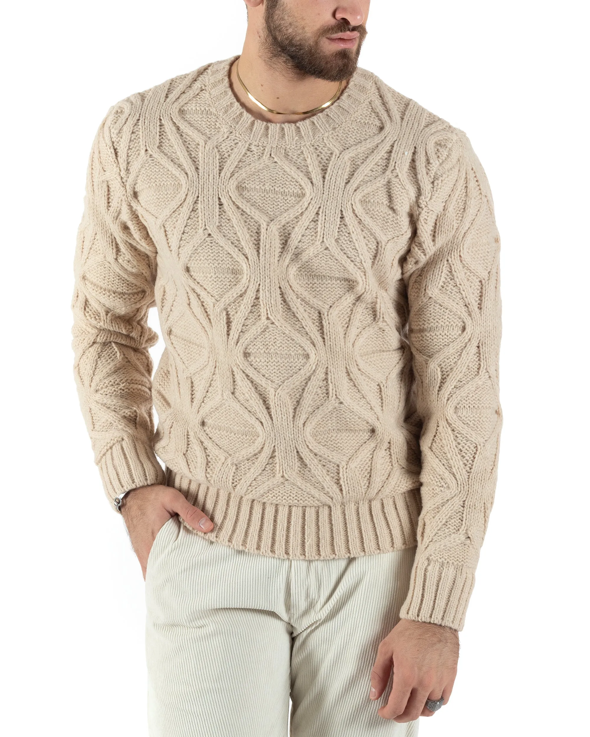 Maglioncino Uomo Girocollo Maglia Inglese Maglione Trecce Rombi Beige GIOSAL-M2788A