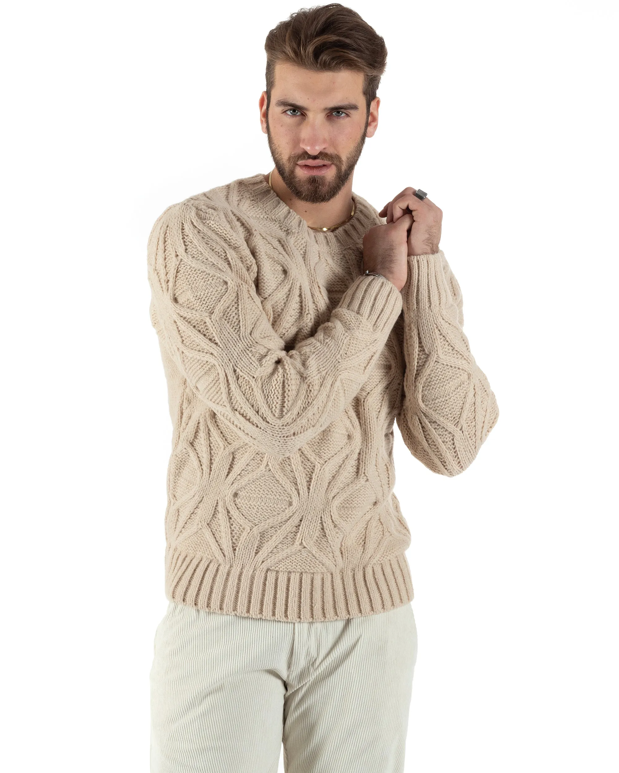 Maglioncino Uomo Girocollo Maglia Inglese Maglione Trecce Rombi Beige GIOSAL-M2788A