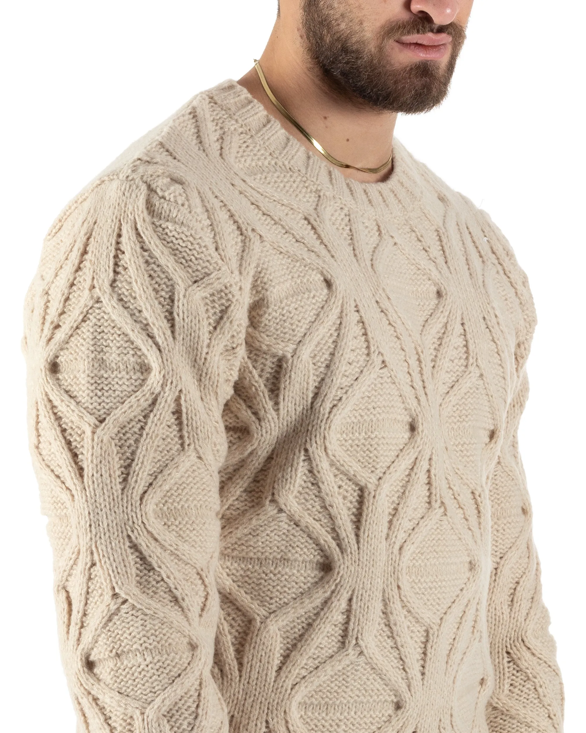 Maglioncino Uomo Girocollo Maglia Inglese Maglione Trecce Rombi Beige GIOSAL-M2788A