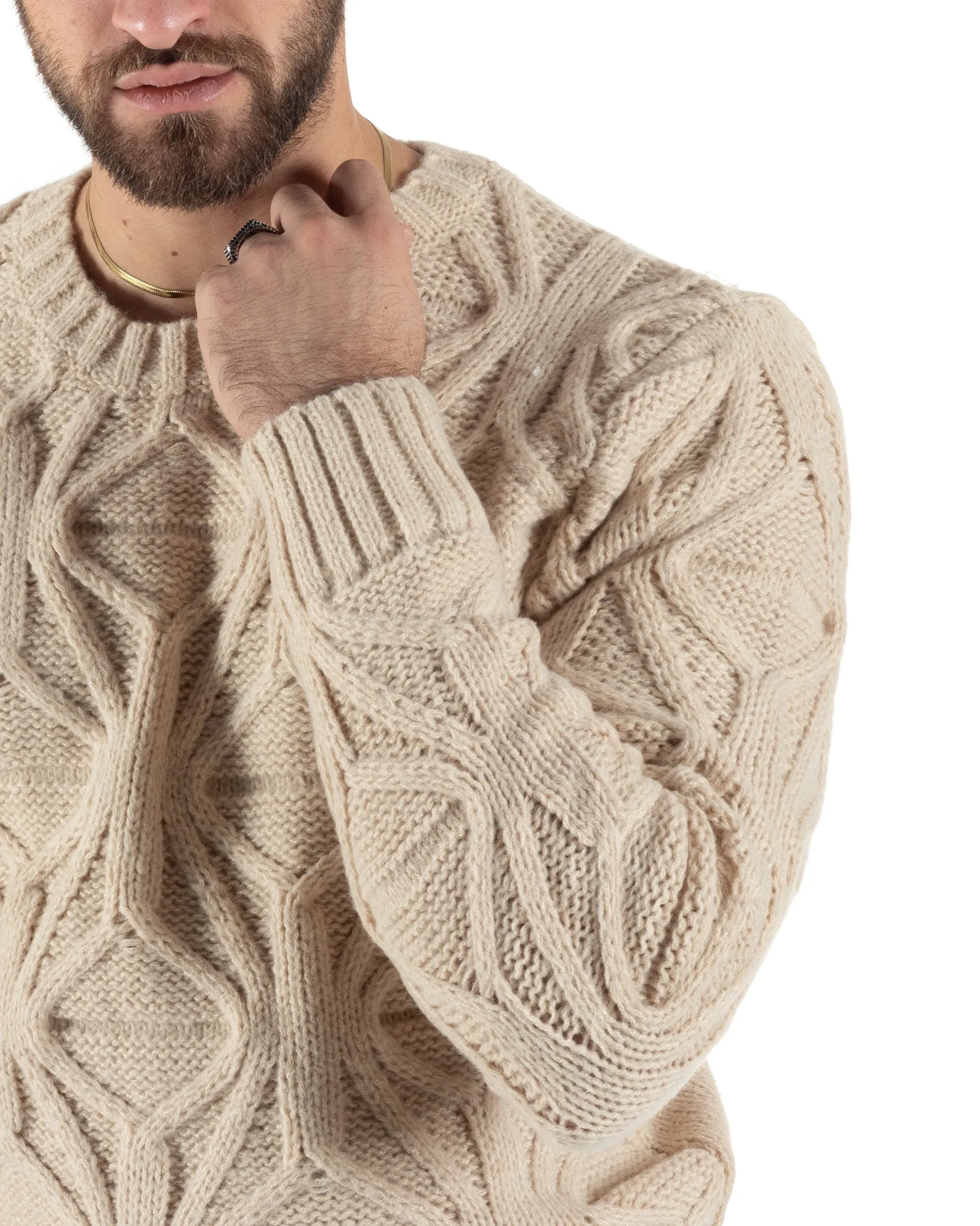 Maglioncino Uomo Girocollo Maglia Inglese Maglione Trecce Rombi Beige GIOSAL-M2788A