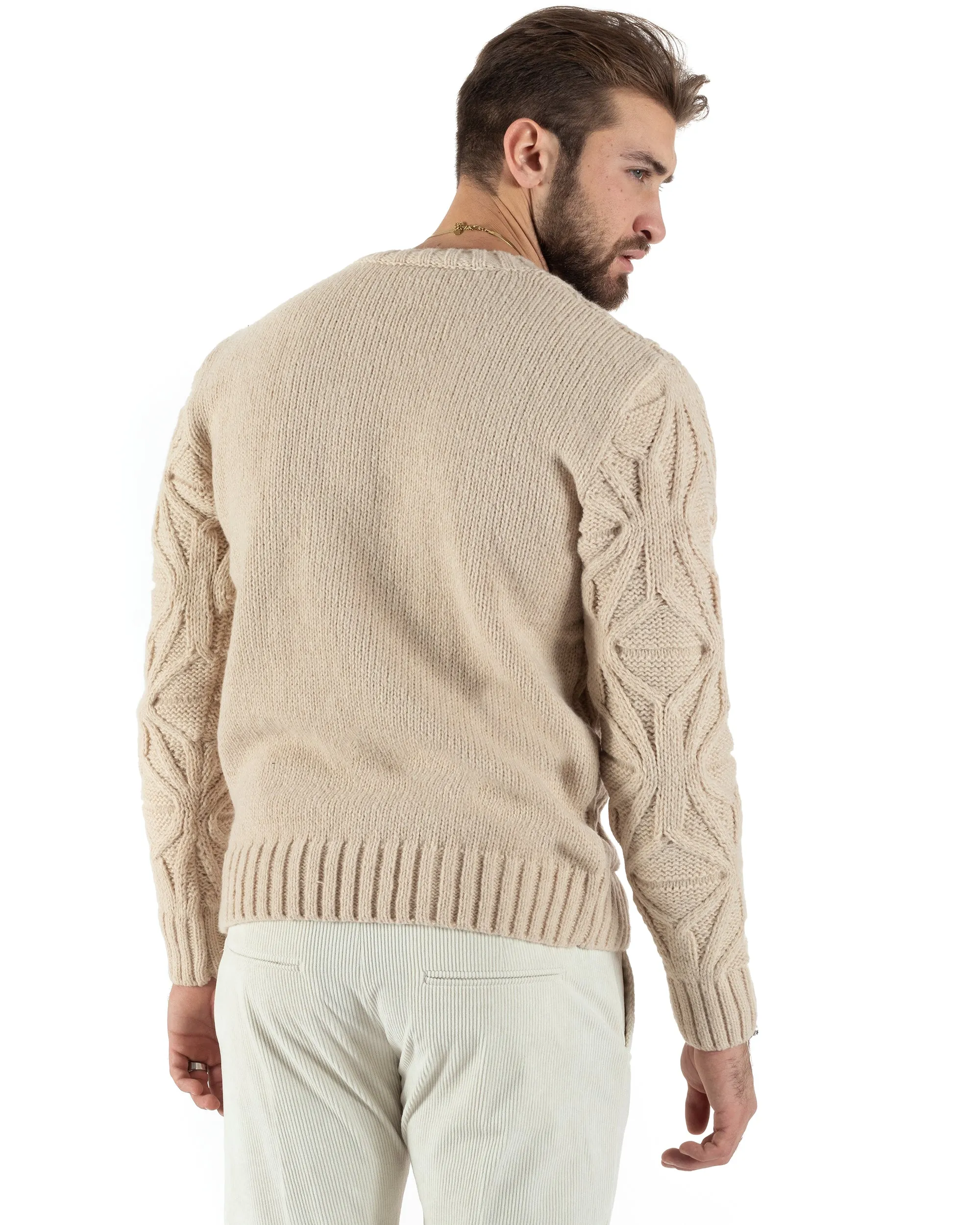 Maglioncino Uomo Girocollo Maglia Inglese Maglione Trecce Rombi Beige GIOSAL-M2788A