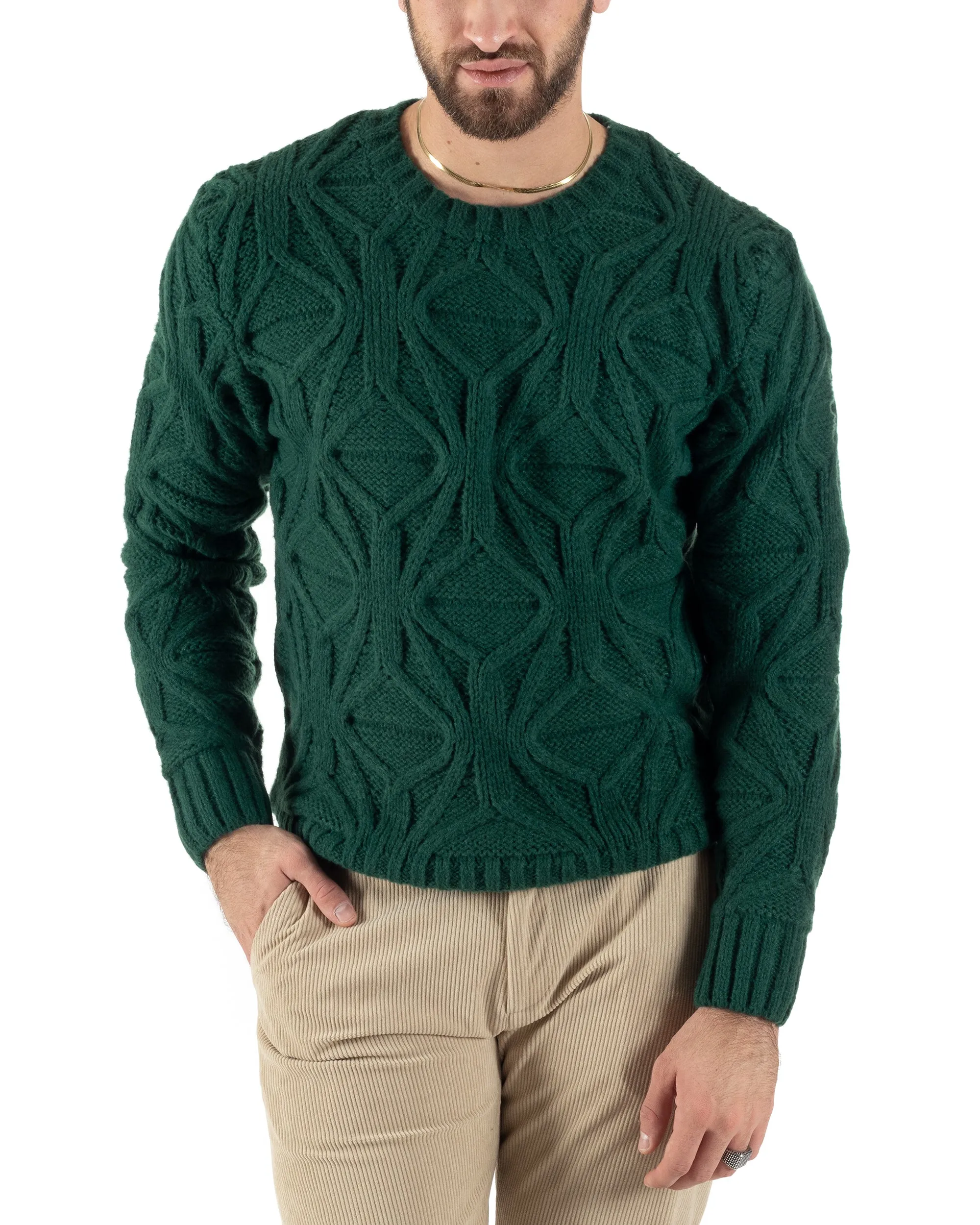 Maglioncino Uomo Girocollo Maglia Inglese Maglione Trecce Rombi Verde GIOSAL-M2787A