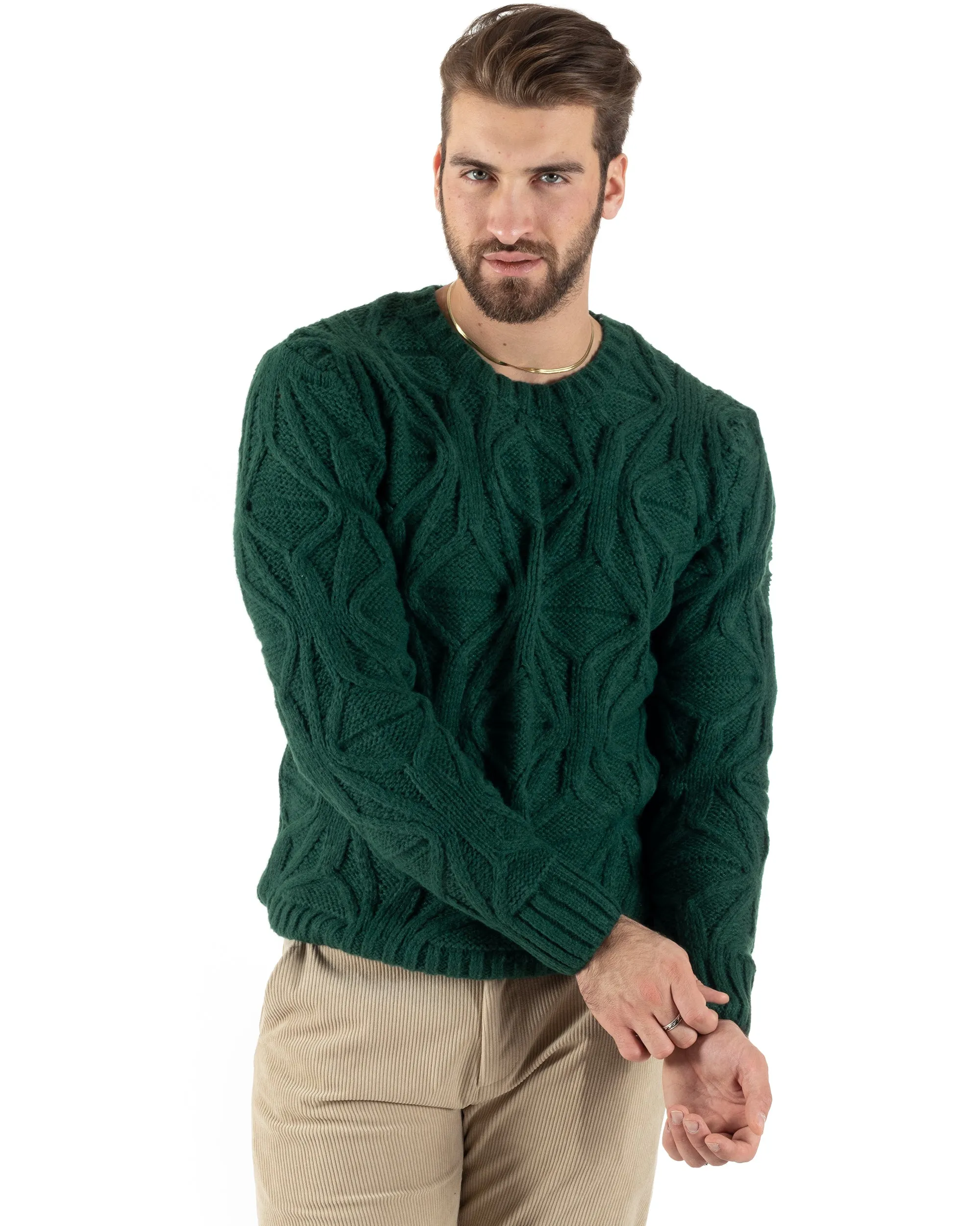 Maglioncino Uomo Girocollo Maglia Inglese Maglione Trecce Rombi Verde GIOSAL-M2787A
