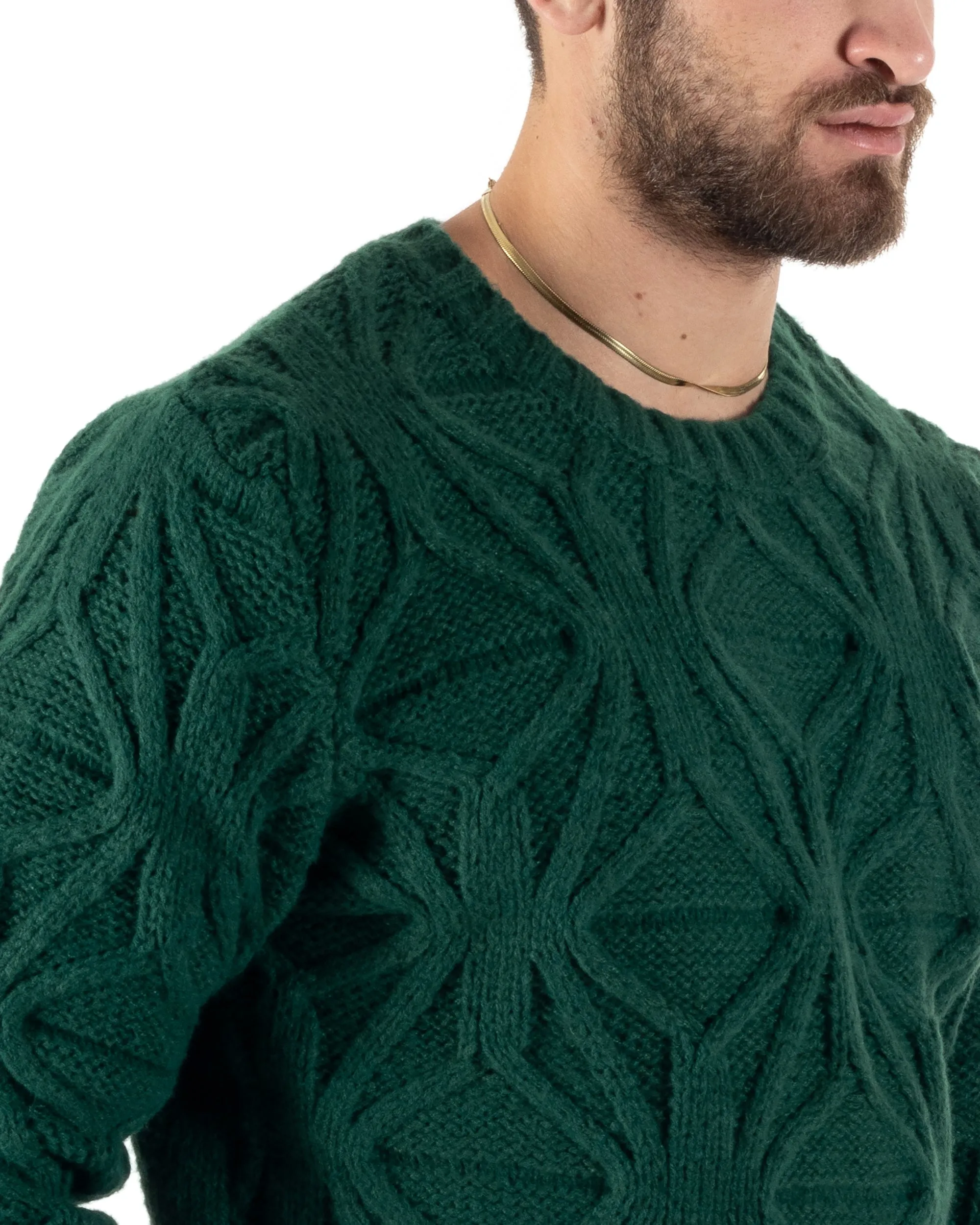 Maglioncino Uomo Girocollo Maglia Inglese Maglione Trecce Rombi Verde GIOSAL-M2787A