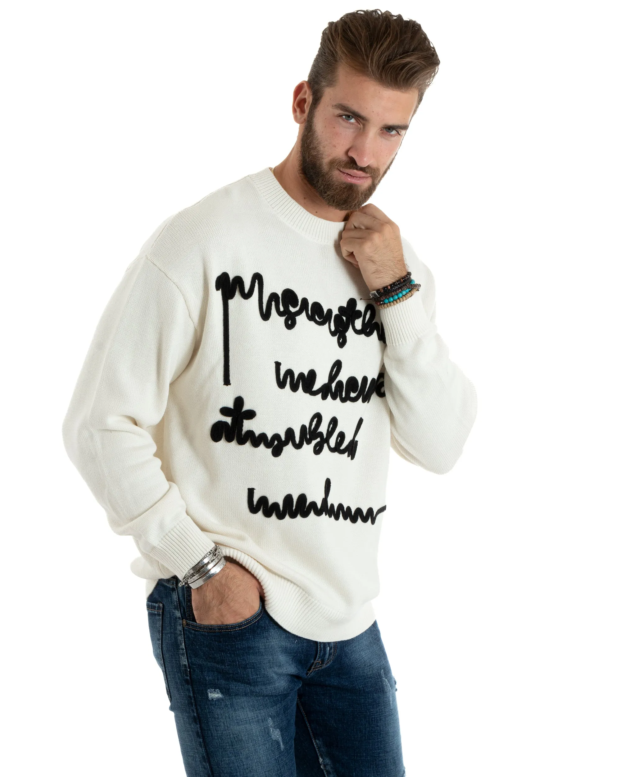 Maglioncino Uomo Girocollo Maglia Panna Maglione Over Scritta Ricamata GIOSAL-M2728A