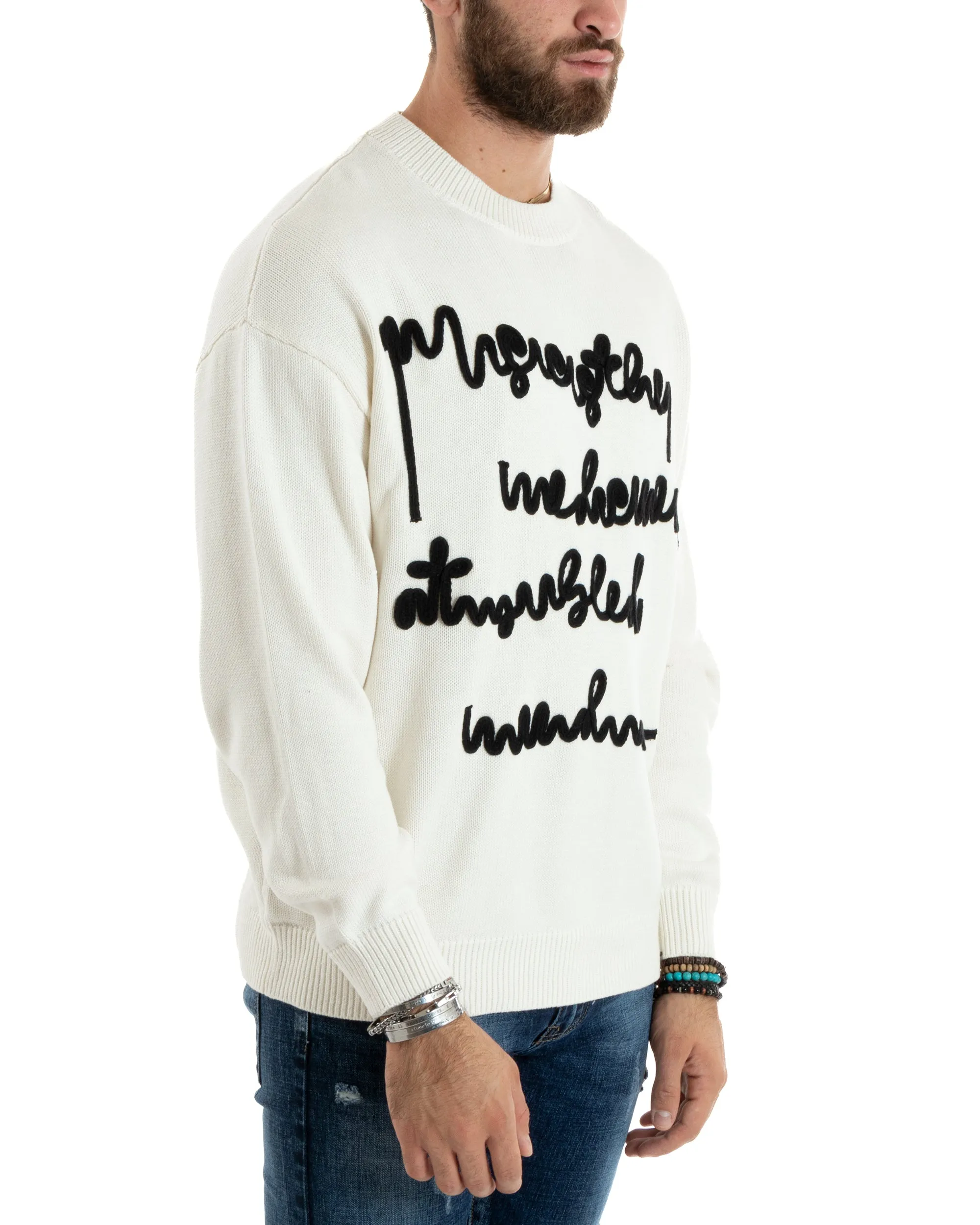 Maglioncino Uomo Girocollo Maglia Panna Maglione Over Scritta Ricamata GIOSAL-M2728A