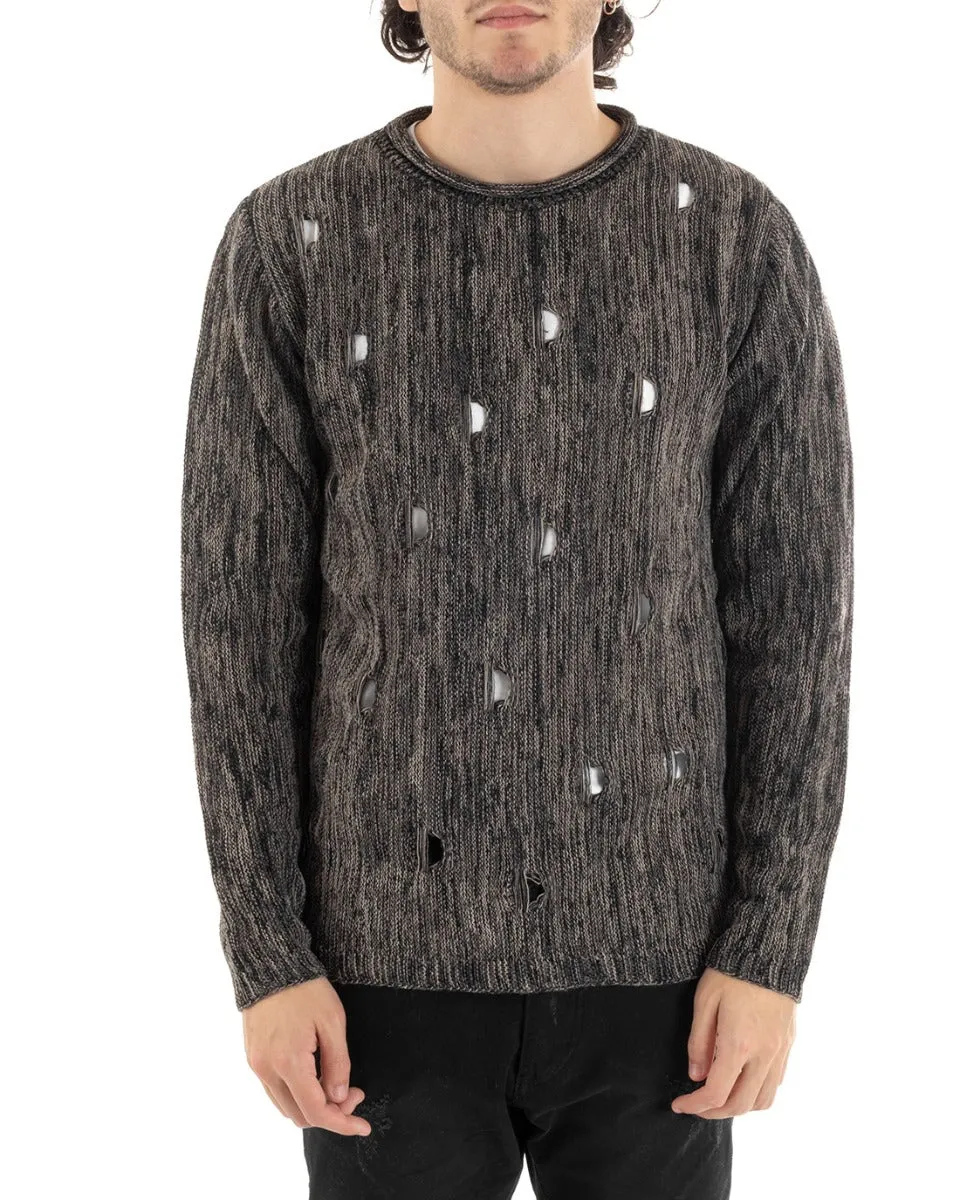 Maglioncino Uomo Maglia Maglione Girocollo Rotture Nero Bucata Casual GIOSAL-M1530A
