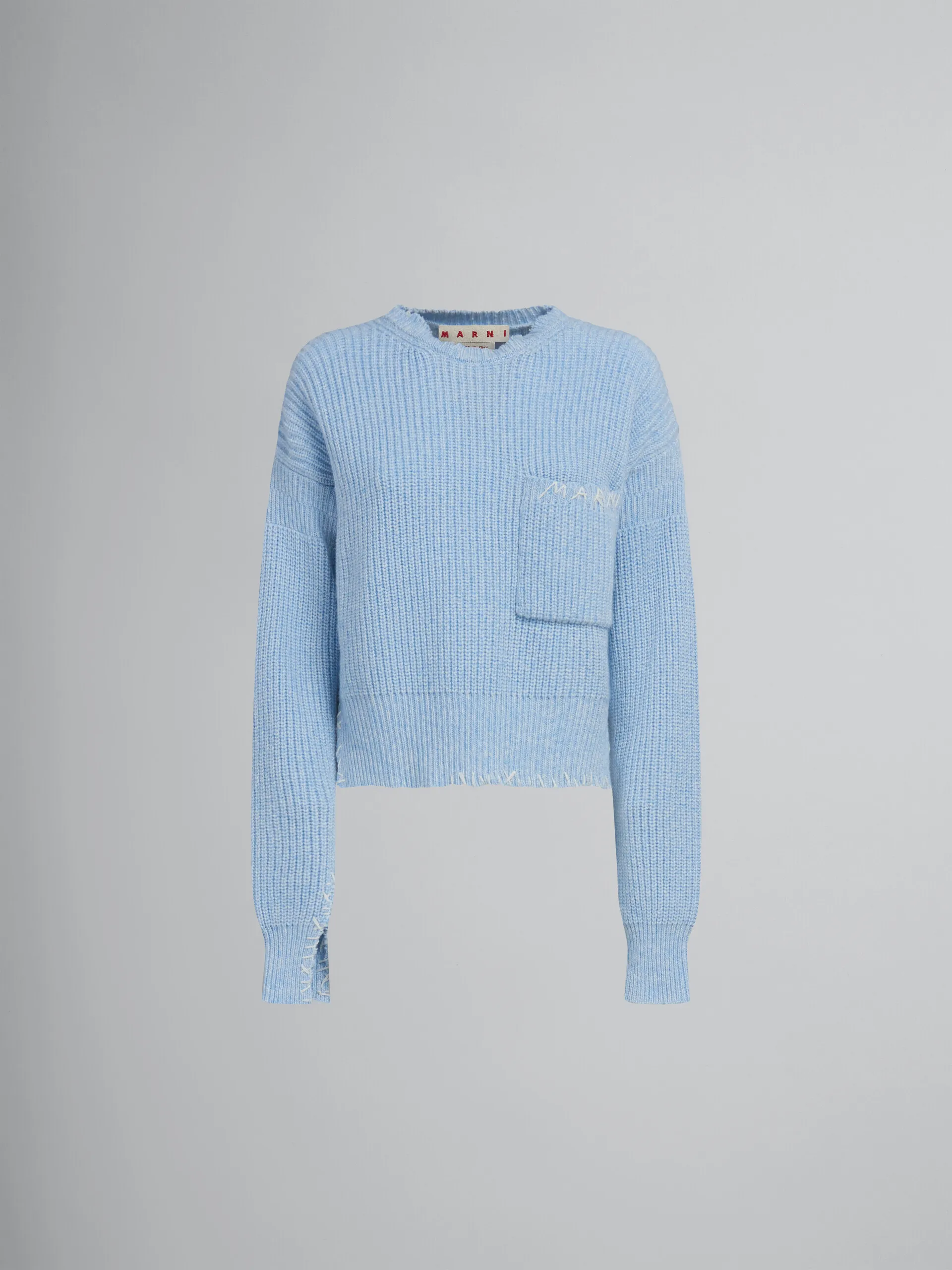 Maglione mouliné blu con impunture a contrasto