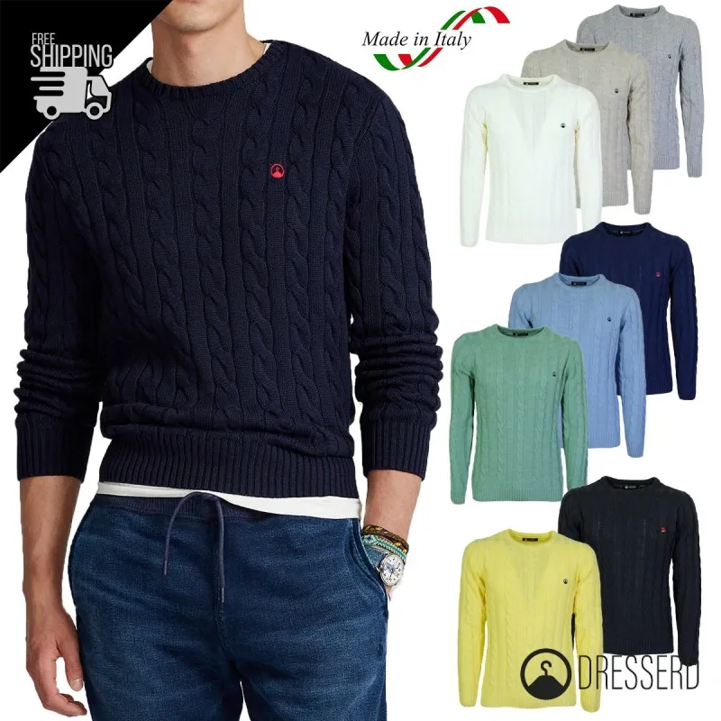 Maglione Uomo con Trecce Dresserd in lana girocollo uomo, Maglie invernali
