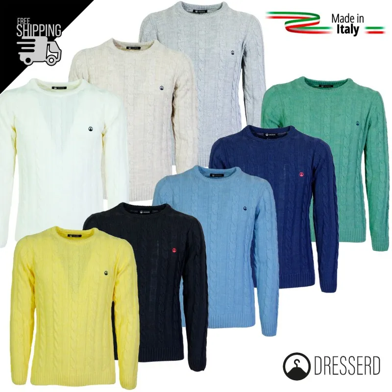Maglione Uomo con Trecce Dresserd in lana girocollo uomo, Maglie invernali