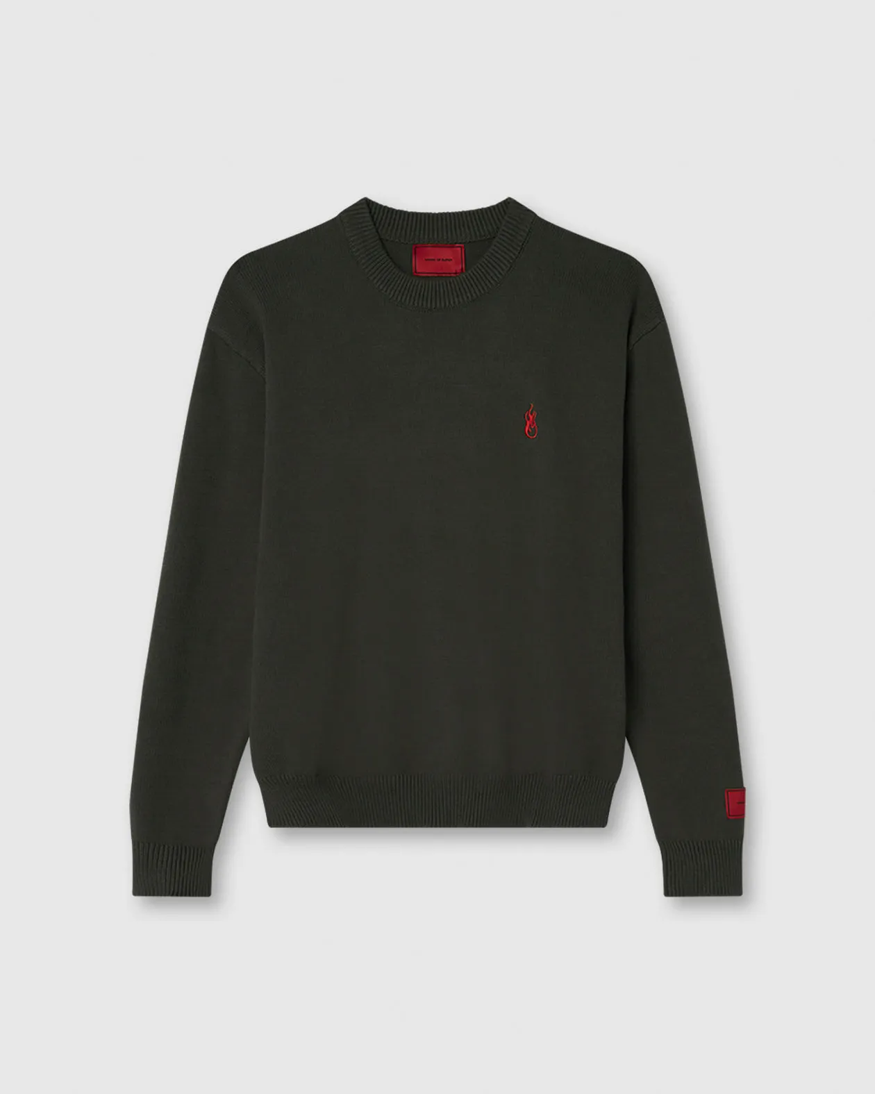 MAGLIONE VERDE MILITARE CON FIAMMA ROSSA E LOGO STAMPATO