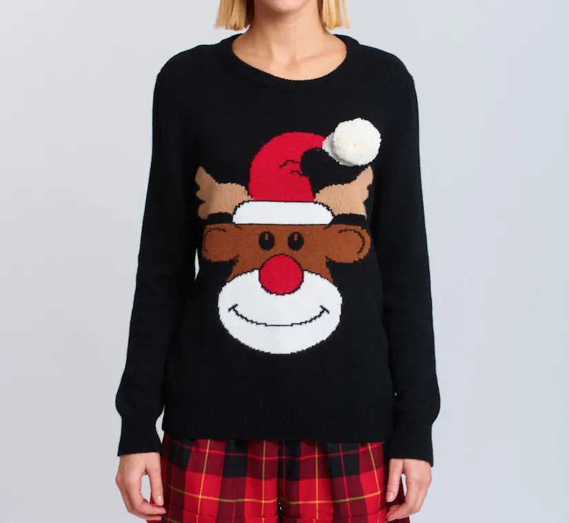Maglione Vicolo donna con ricamo renna e pon pon applicato 07327W0