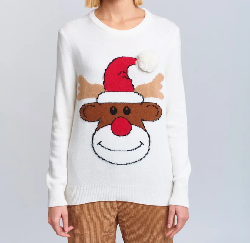 Maglione Vicolo donna con ricamo renna e pon pon applicato 07327W0