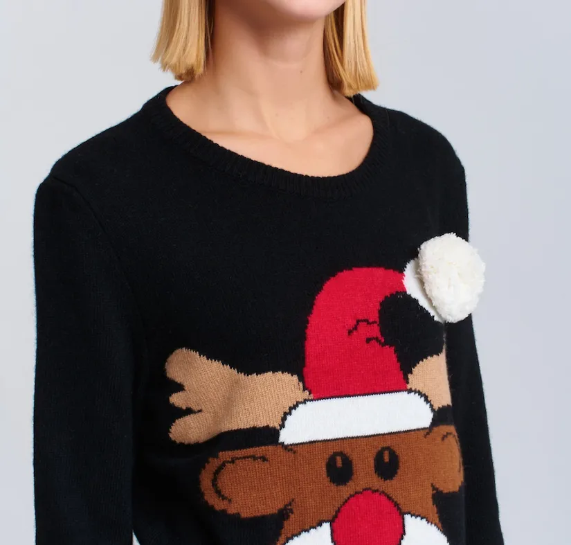 Maglione Vicolo donna con ricamo renna e pon pon applicato 07327W0