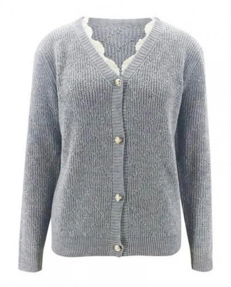 Moda donna maglia maglione pizzo bordo floreale scollo a V monopetto