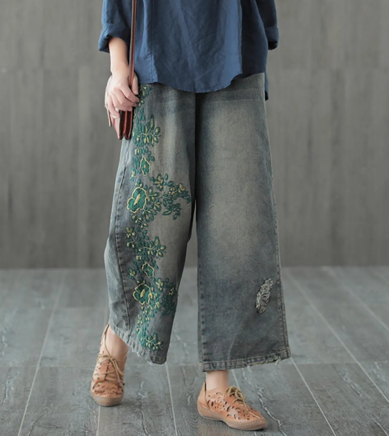 Nuovo arrivo autunno donna ricamo cotone denim pantaloni alla caviglia elastico in vita pantaloni larghi larghi casual jeans W74