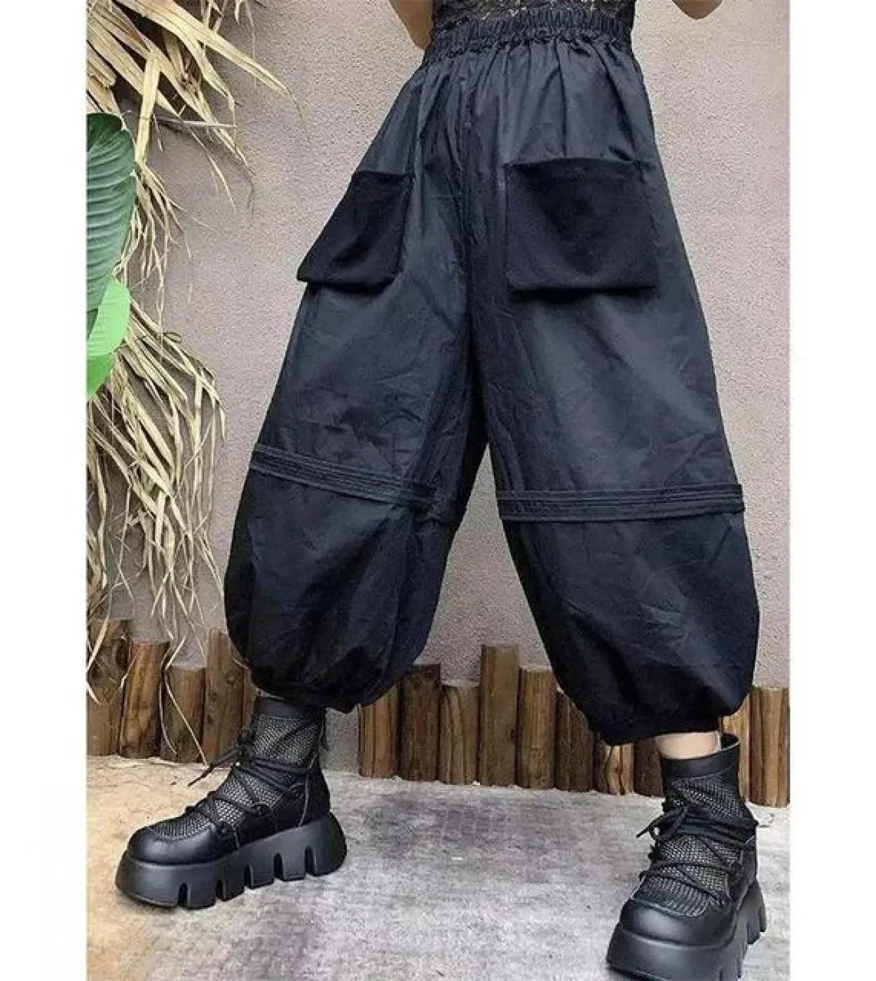 Nuovo arrivo estate donna patchwork grande tasca design pantaloni alla caviglia pantaloni casual larghi elastici in vita Harem W
