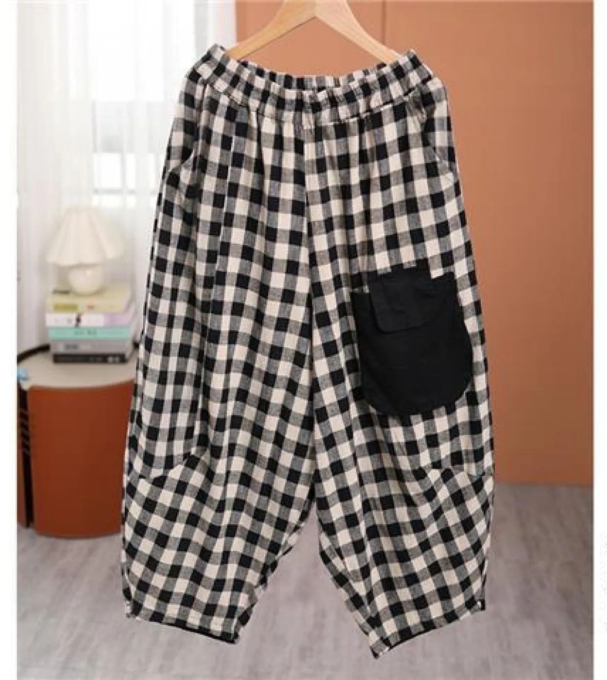 Nuovo arrivo Primavera Estate Stile artistico Donna Elastico in vita Pantaloni larghi alla caviglia Pantaloni in cotone scozzese