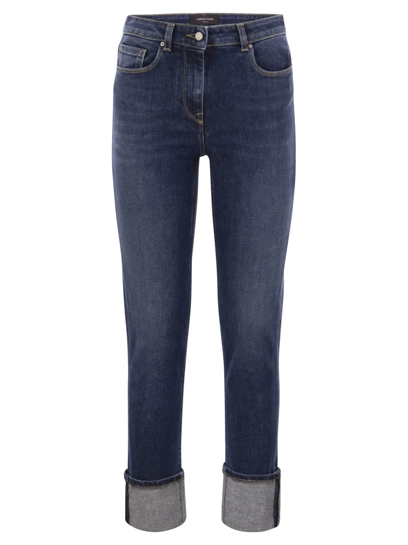 Pantalone in stretch denim con risvolto