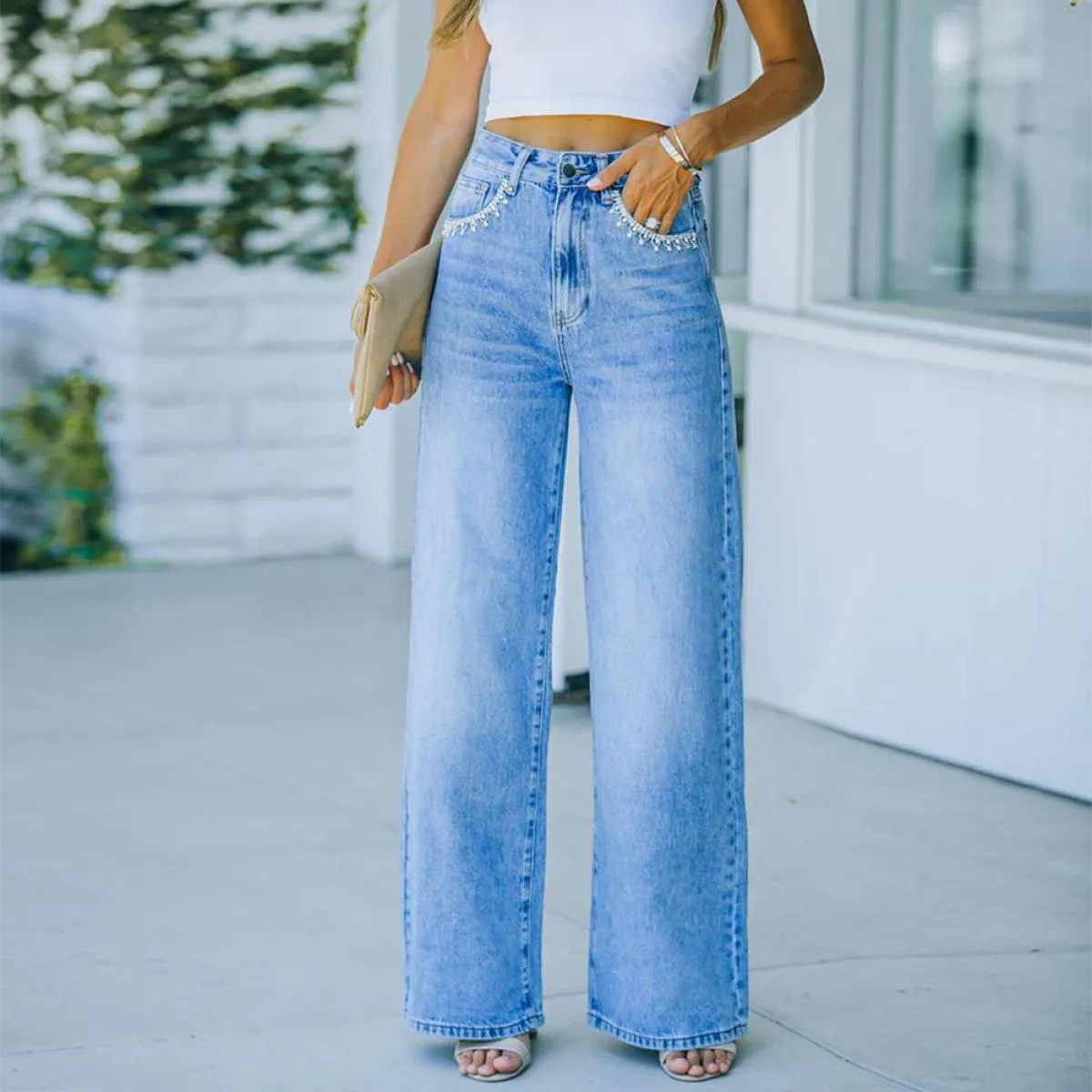 Pantaloni a vita alta 2023 nuovi pantaloni svasati retrò pantaloni larghi casual blu a gamba larga jeans a gamba dritta sbiancat