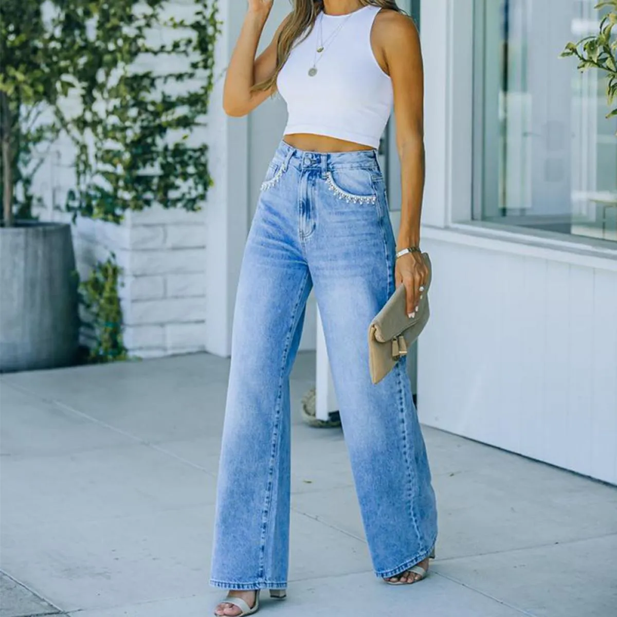 Pantaloni a vita alta 2023 nuovi pantaloni svasati retrò pantaloni larghi casual blu a gamba larga jeans a gamba dritta sbiancat