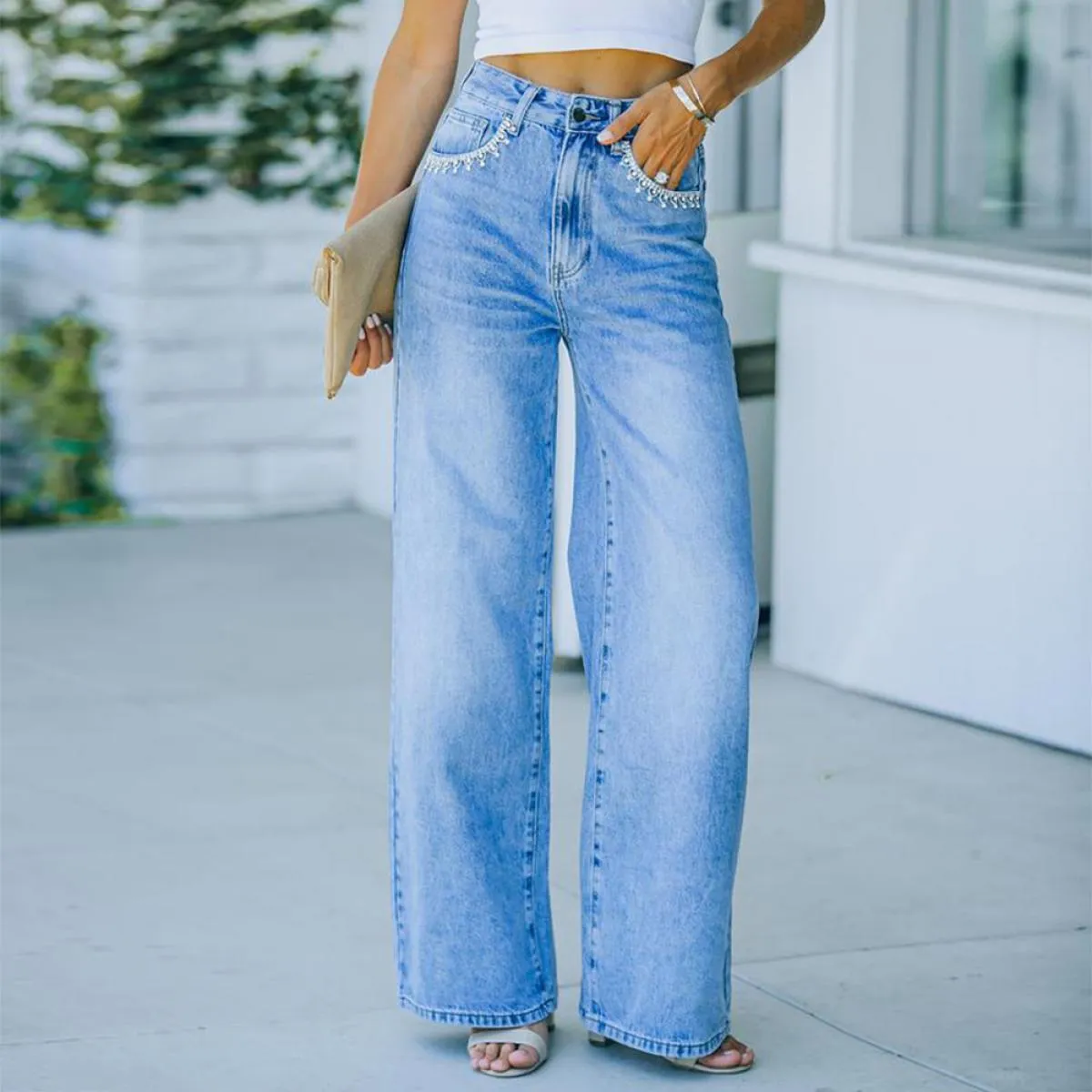 Pantaloni a vita alta 2023 nuovi pantaloni svasati retrò pantaloni larghi casual blu a gamba larga jeans a gamba dritta sbiancat