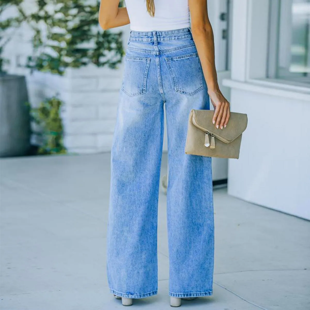 Pantaloni a vita alta 2023 nuovi pantaloni svasati retrò pantaloni larghi casual blu a gamba larga jeans a gamba dritta sbiancat