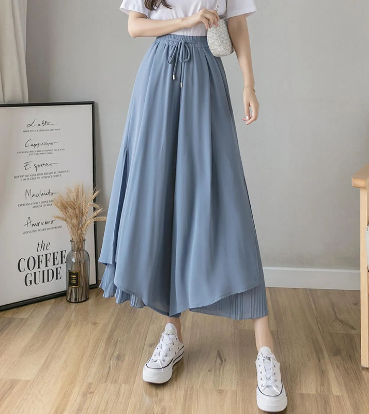 Pantaloni casual a gamba larga in tinta unita Pantaloni elastici a vita alta pieghettati da donna Pantaloni larghi in chiffon fe