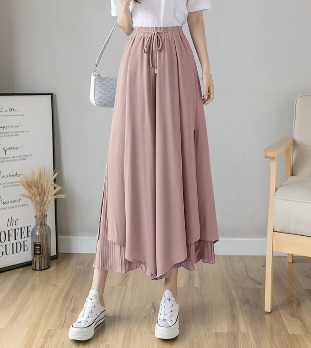 Pantaloni casual a gamba larga in tinta unita Pantaloni elastici a vita alta pieghettati da donna Pantaloni larghi in chiffon fe