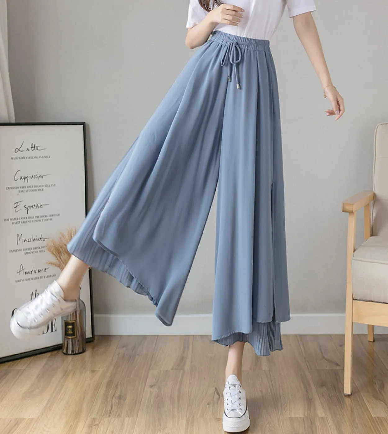 Pantaloni casual a gamba larga in tinta unita Pantaloni elastici a vita alta pieghettati da donna Pantaloni larghi in chiffon fe