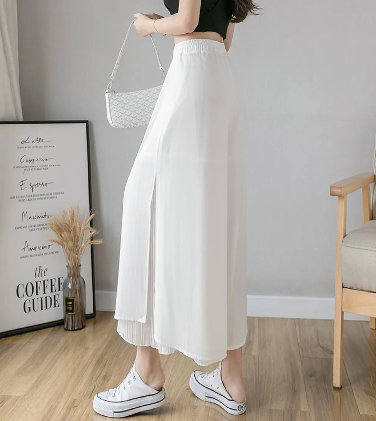 Pantaloni casual a gamba larga in tinta unita Pantaloni elastici a vita alta pieghettati da donna Pantaloni larghi in chiffon fe