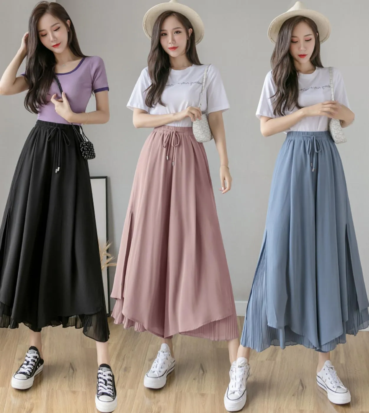 Pantaloni casual a gamba larga in tinta unita Pantaloni elastici a vita alta pieghettati da donna Pantaloni larghi in chiffon fe