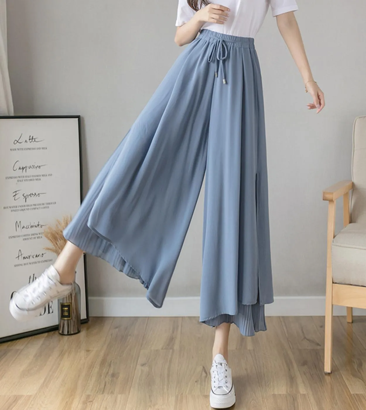 Pantaloni casual a gamba larga in tinta unita Pantaloni elastici a vita alta pieghettati da donna Pantaloni larghi in chiffon fe