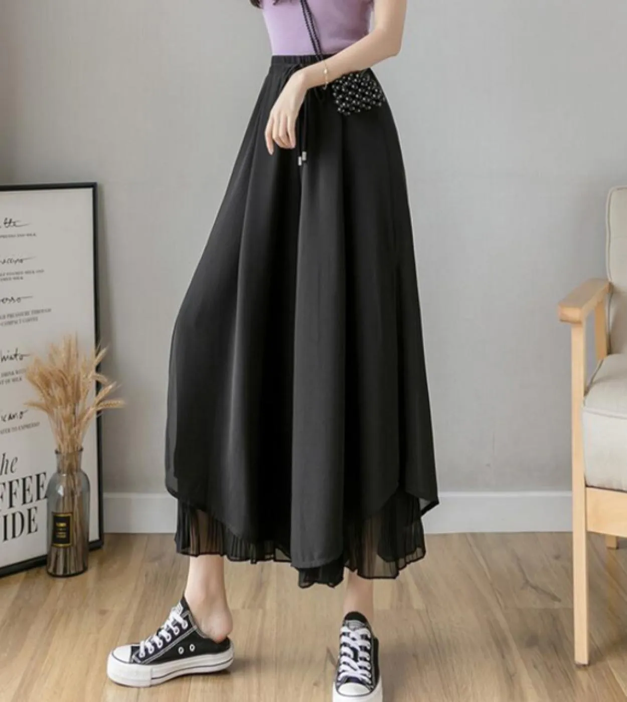 Pantaloni casual a gamba larga in tinta unita Pantaloni elastici a vita alta pieghettati da donna Pantaloni larghi in chiffon fe