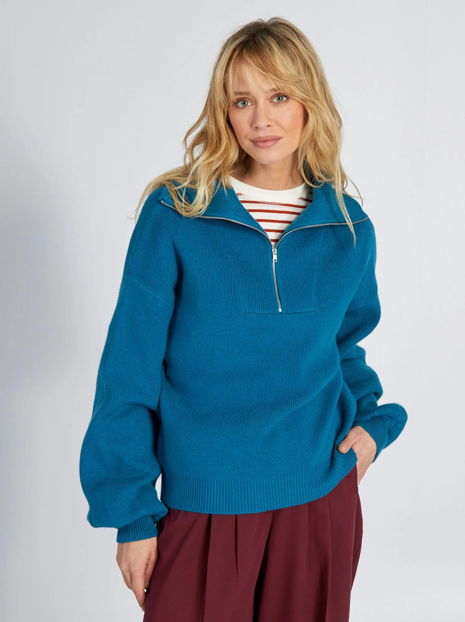 Pullover a collo alto con zip - BLU